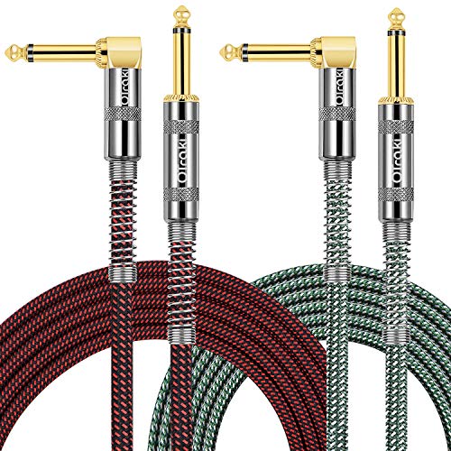 OTraki 10ft Electric Guitar Cable 2 Pack 1/4 Inch TS Instrument Cables Straight to Right Angle Bass Amp Cord 3 Meter for Keyboard Effector Drum Woven Tweed with 6.35mm Gold Plated Plug Red + Green