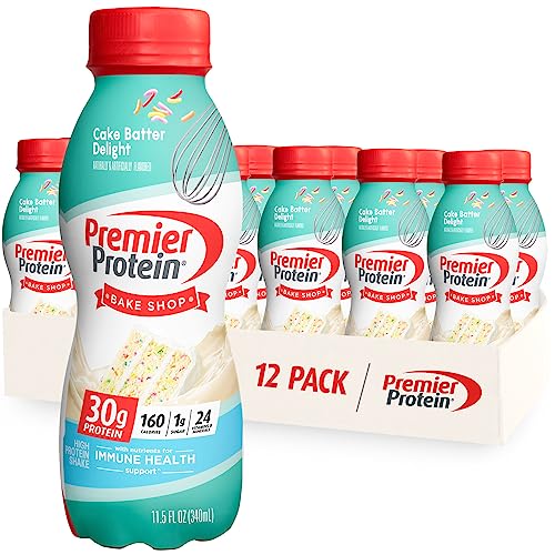 Premier Protein Shake, Cake Batter, 30g Protein, 1g Sugar, 24 Vitamins & Minerals, Nutrients to Support Immune Health, 11.5 Fl Oz, 12 Count