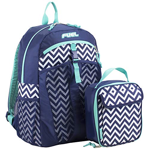 FUEL Backpack with Lunch Bag Bundle, Deep Cobalt Blue/White/Chevron Print/Turquoise Trim