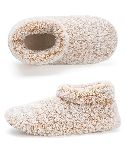 Cozylook Fuzzy Slippers for Women Indoor, Warm Bedroom Slip On Shoes, Winter Fluffy House Socks with Grippers, Cozy Christmas Gifts Unique, Adult Size 7-8 Taupe