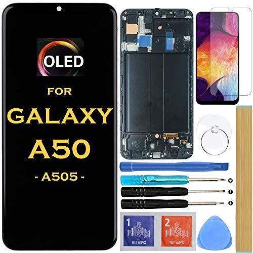 HLTECH Screen Replacement OLED LCD Display Touch Digitizer Assembly for Samsung Galaxy A50 2019 A505 SM-A505F A505FN A505W A505U A505U1 6.4' (OLED TYPE WITH FRAME)