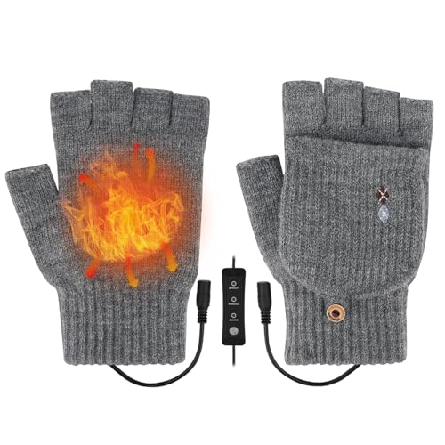 MOALY Heated Gloves for Women, Rechargeable USB Heated Mittens for Men Kids,3 Heating Levels Adjustable, Double-Sided Heating Fingerless Hand Warming Knitting Gloves for Typing Touchscreen Driving