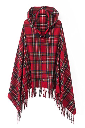 Urban CoCo Women's Vintage Plaid Knitted Tassel Poncho Shawl Cape Button Cardigan (One Size, Series 2 Red)