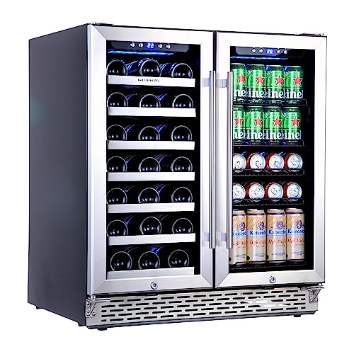 Phiestina Wine and Beverage Refrigerator, 30 inch Wine Cooler, Built-in or Freestanding Large Fridge 33 Bottles&100Cans|Dual Zone&Temp Defrosting Function,for Home/Bar/Office
