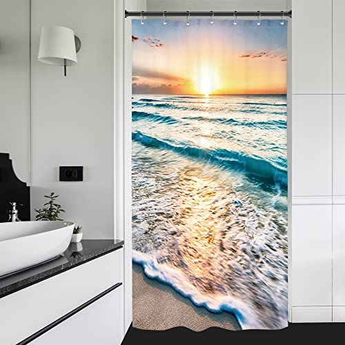Riyidecor Stall Small Half Shower Curtain Beach Summer 36x72 Inch RV Mini Single Narrow Ocean Coastal Hawaiian Sunrise Sea Wave Seaside Scene Island Blue Cool Set Waterproof 7 Pack Hooks