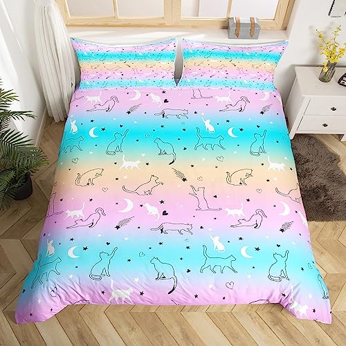 Kids Cat Bedding Set Twin Gradient Line Cute Cat Duvet Cover for Boys Girls Teens Lovely Cartoon Pet Cats Comforter Cover Kawaii Kitten Print Bedding Cat Lover'S Animal Themed Design Bedroom Decor