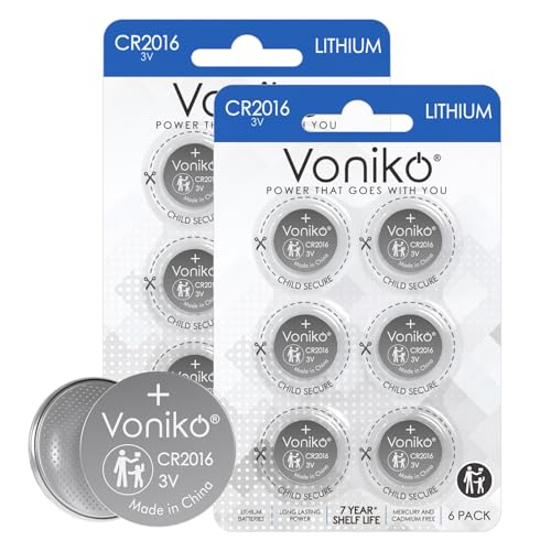 Voniko 3 Volt 2016 Battery 12 Pack – Button Cell 2016 Batteries – Lithium CR2016 3 Volt Coin Battery – Child-Protection Packaging, 7 Years Shelf Life