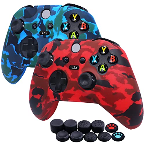 [2 Pack] Jusy Compatible with Xbox Series X/S Controller Soft Silicone Cover Skin, Sweat-Proof Dust-Proof Anti-Slip Case Cover Protective Accessories Set, with 10 Thumb Grips (Red+Blue)