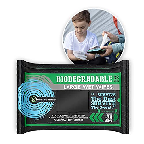 Surviveware Biodegradable Wet Wipes, Face and Body Wipes for Post Workout and Camping, Wipes for Adults, Large Wipes, 32 Count