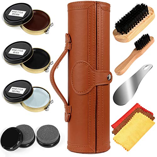 Shoe Shine Kit with PU Leather Sleek Elegant Case, 12-Piece Travel Shoe Shine Brush kit