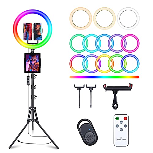 13' Selfie Ring Light with 63' Tripod Stand & 3 Phone Holder, LED Camera Ringlight with 48 RGB Colors Modes & Musical Rhythm Mode and 12 Brightness Dimmable for Makeup/Photography/Videos/Vlog/TikTok