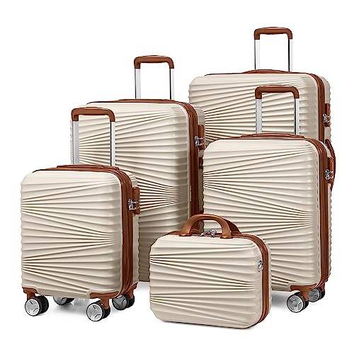 LEAVES KING Luggage 5 Piece Sets, Hard Shell Luggage Set Expandable Carry on Luggage Suitcase with Spinner Wheels Durable Lightweight Travel Set for Men Women(14/18/20/24/28, White)