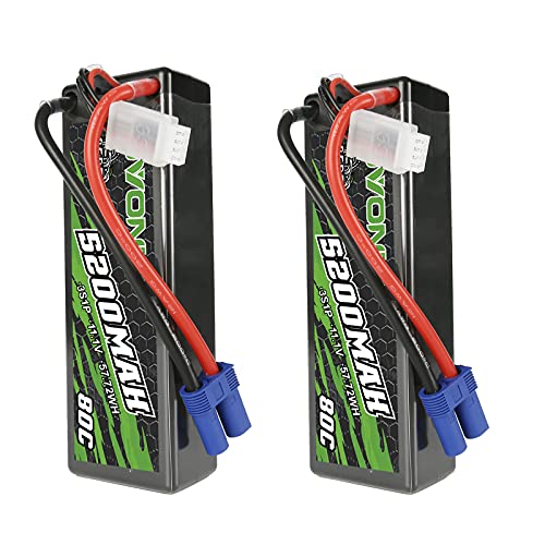 OVONIC 80C 3S 5200mAh 11.1V Lipo Battery with EC5 Connector for arrma 1/10, 1/8, 1/7Scale RC Cars and Trucks Buggy Truggy 2pcs