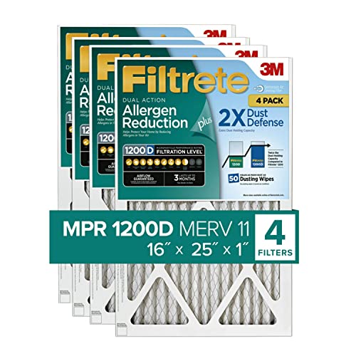 Filtrete 16x25x1 Air Filter MPR 1200D MERV 11, Allergen Reduction Plus Dust, 4-Pack Filters (exact dimensions 15.69x19.69x0.81)