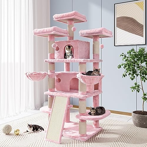 Allewie 68 Inches Cat Tree/Cat Tree House and Towers for Large Cat/Cat Climbing Tree with Cat Condo/Cat Tree Scratching Post/Multi-Level Large Cat Tree/Pink