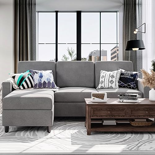 Shintenchi Convertible Sectional Sofa Couch, Modern Linen Fabric L-Shaped Couch 3-Seat Sofa Sectional with Reversible Chaise for Small Living Room, Apartment and Small Space (Light Grey)