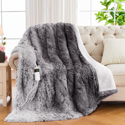 RUJIPO Electric Heated Blanket - Electric Blanket with Faux Fur & Sherpa Fleece Heated Throw for Bed - Warming Plush Heating Blanket with 5 Options Auto Off & 10 Heating Levels - 50” X 60”, Grey