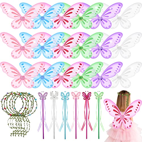 Leyndo 12 Sets Fairy Butterfly Princess Cosplay Wings Costume Wreath Headband Butterfly Wand Cosplay Accessories (Stylish Style)
