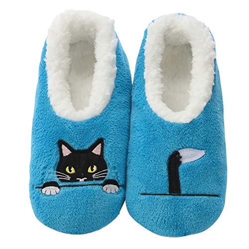 Snoozies Pairable Slipper Socks | Cozy and Fun House Slippers for Women, Fuzzy Slipper Socks | With Unique Designs, Non Slip Socks - Peek-A-Boo - Blue - Large