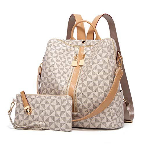 Makes Backpack Purse for Women, PU Leather Travel Satchel Handbag, Convertible Design Bag with Purse, 2 Piece(Beige)
