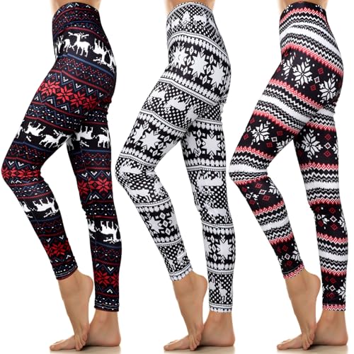 Liitrsh 3 Pcs Women's Christmas Leggings High Waisted Yoga Pants Snowflake Reindeer Print Legging Tights (Deer, Snow,Large)