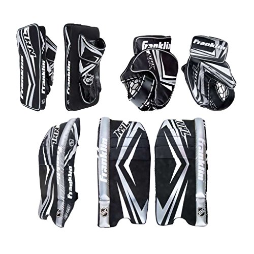 Franklin Sports NHL Kids Street Hockey Goalie Pads Set - Kids Hockey Training Equipment - Includes Block Pad, Catch Glove, and Goalie Pads,Black/White