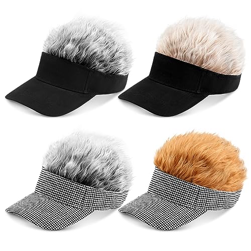 Suhine 4 Pieces Hairs Hats Fake Hairs Visor Hats Spiked Hairs Hats Funny Hairs Hats Adjustable Baseball Caps with Hairs for Men Funny Gift, 4 Styles