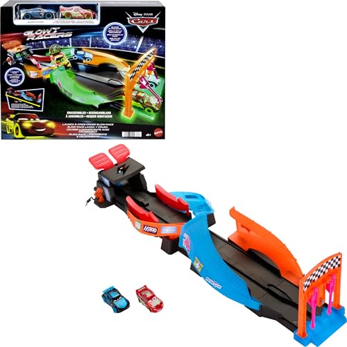 Mattel Disney Cars Toys Disney and Pixar Cars Glow Racers Launch ‘N Criss-Cross Playset with 2 Glow-in-the-Dark Toy Cars Including Lightning McQueen & Jackson Storm