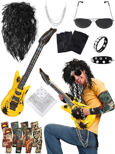 Mepase 12 Pcs Halloween 80s Rocker Costume for Men Including Hippie Wig, Sunglasses, Pants Chain, Bracelet, Headband, Tattoo Sleeve, Biker Glove and Guitar Props Punk Party Accessories