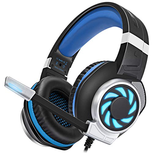 Headsets for Xbox One, PS4, PC, Nintendo Switch, Mac, Gaming Headset with Stereo Surround Sound, Over Ear Gaming Headphones with Noise Canceling Mic, LED Light (Headsets Blue Black)