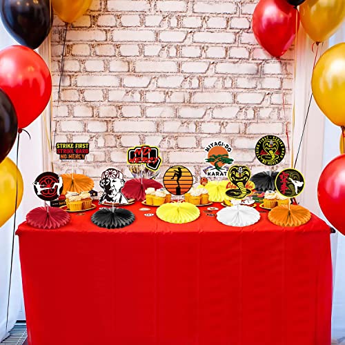 PANTIDE 9Pcs Karate Taekwondo Party Honeycomb Centerpiece Table Toppers Flower Paper Fans Strike First Strike Hard No Mercy Karate Theme Birthday Favors Supplies Decorations for Kids Adults