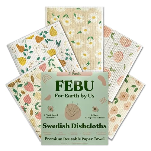 FEBU Swedish Dishcloths for Kitchen | 5 Pack Faded Summer Dish Towels | Reusable Paper Towels Washable | Non-Scratch Cellulose Sponge Cloths | No Odor, Biodegradable, Swedish Cloths