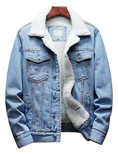Omoone Men's Lapel Sherpa Fleece Lined Thicken Denim Jean Trucker Jacket Coats (0176-Light Blue-M)
