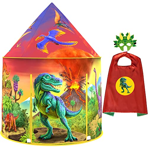 ImpiriLux Dinosaur Kids Play Tent with Dino Mask & Cape Costume | Pop Up Fort for Imaginative Games and Gifts | Foldable Playhouse with Storage Bag