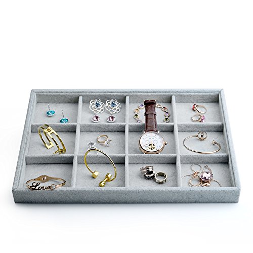 Oirlv Velvet Stackable Jewelry Display Trays 12 Grids Rings Earrings Bracelet Organizer Storage Tray(13.8'x1.29'x9.4')