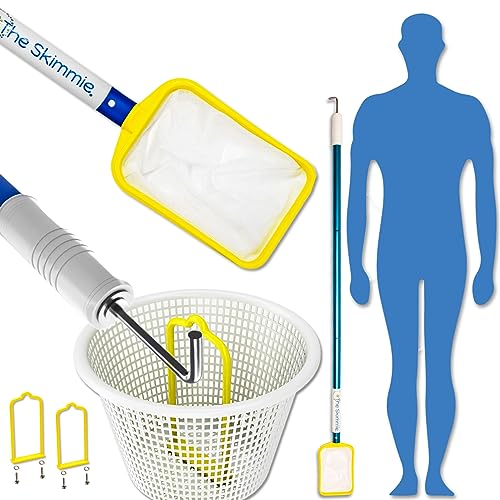 The Skimmie Small Pool Skimmer Net with 3-Section Pole & Stainless Steel Hook, Two Skimmer Basket Handles, Fine Mesh Net & Skimmie Dip - Hands-Free Removal of Debris, Bugs, Frogs and Small Animals