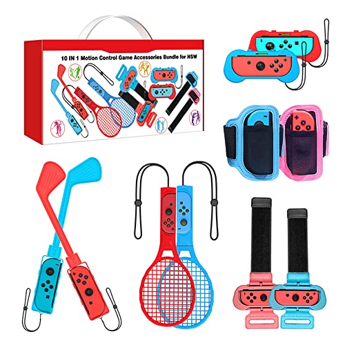 Uxilep Switch Sports Accessories Bundle,10 in 1 Family Accessories Kit for Nintendo Switch Sports Games 2022:Soccer Leg Straps,Mario Golf Clubs,Just Dance Wrist Bands,Mario Tennis Rackets