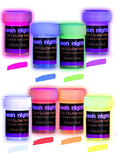 Neon Nights Glow in The Dark Paint - Pack of 8 Multi-Surface UV Paint Set - 2-in-1 Acrylic Paints, UV & Blacklight Activated, Self Luminous, 20mL - Perfect for Halloween and Holiday Décor