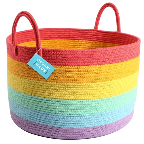 OrganiHaus Storage Basket for Rainbow Classroom Decor 20x13 | Throw Blanket Basket for Living Room | Laundry Storage Organizer | Toy Basket Storage for Kids | Hamper for Baby Rainbow Nursery Décor