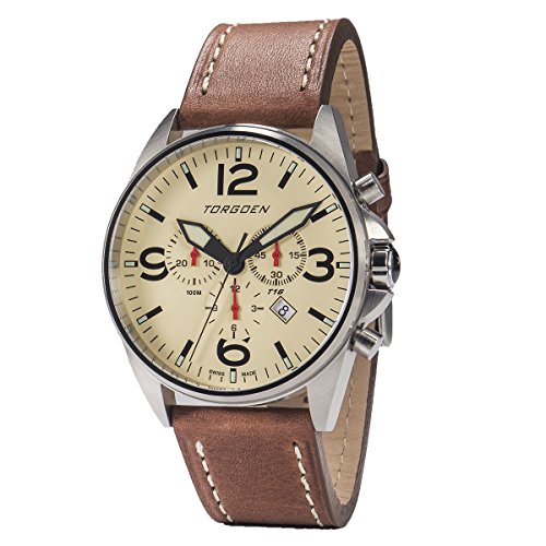 Torgoen T16 Cream Chronograph Pilot Watch for Men, Swiss Quartz, K1 Crystal with Brown Leather Strap