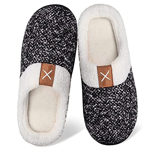 Women's Memory Foam Slippers Comfort Wool-Like Plush Fleece Lined House Shoes for Indoor & Outdoor (Black/White, 40/41)