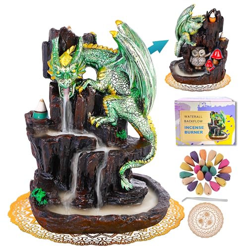Zvaiuk Dragon Backflow 2 Sided Mountain Waterfall Incense Burner,Fountain Smoke Incense Holder with 100 Backflow Incense Cones, Tweezers, Mat，Resin Aromatherapy Meditation Decor