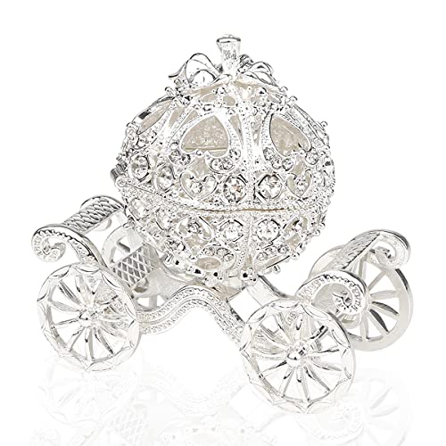 FERCAISH Crystal Pumpkin Carriage Trinket Box, Cinderella Pumpkin Carriage Decorative Hinged Jewelry Trinket Box Silver Rhinestone Jewelry Display Holder Unique Gift for Grils Women