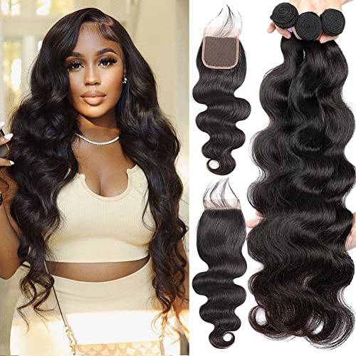 Human Hair Bundles with Closure (22 24 26+20，Free Part) Body Wave Bundles with Lace Closure Brazilian Human Hair Weave Bundles with Closure Virgin Hair Weft 150% Density Natural Color