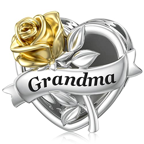 JIAYIQI Grandma Charms Fit Pandora Charms Bracelet Sterling Silver Love Heart with 3D Gold Rose Flower Charms for Bracelet Necklace Mother's Day Birthday Christmas Gift for Grandma
