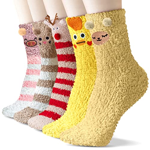 TEHOOK 5 Pairs Funny Fuzzy Socks for Women, Cute Animal Socks for Girls, Soft Winter Warm Socks, Novelty Fluffy Socks for Christmas Stocking Stuffers, Slipper Socks Size 6-11