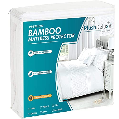 PlushDeluxe Premium Bamboo Mattress Protector – King Size, Waterproof, & Ultra Soft Breathable Noiseless Washable Bed Mattress Cover for Comfort & Protection - White