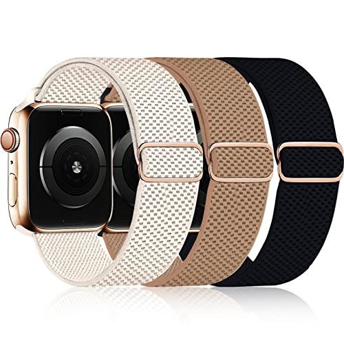 3 Pack Stretchy Solo Loop Band Compatible with Apple Watch Band 38mm 40mm 41mm for Women Men, Adjustable Sport Elastic Nylon Strap for iWatch Series Ultra/SE/8/7/6/5/4/3/2/1, Starlight/Brown/Black