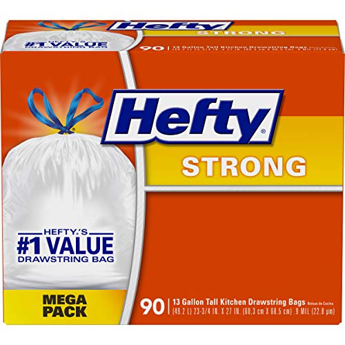 Hefty Strong Tall Kitchen Trash Bags, Unscented, 13 Gallon, 90 Count, White,Packaging may vary