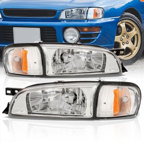 AJP Distributors Front Driving Headlights + Corner Turn Signal Bumper Lamps Chrome Amber Compatible/Replacement For Impreza GC8 1993 1994 1995 1996 1997 1998 1999 2000 2001 93 94 95 96 97 98 99 00 01